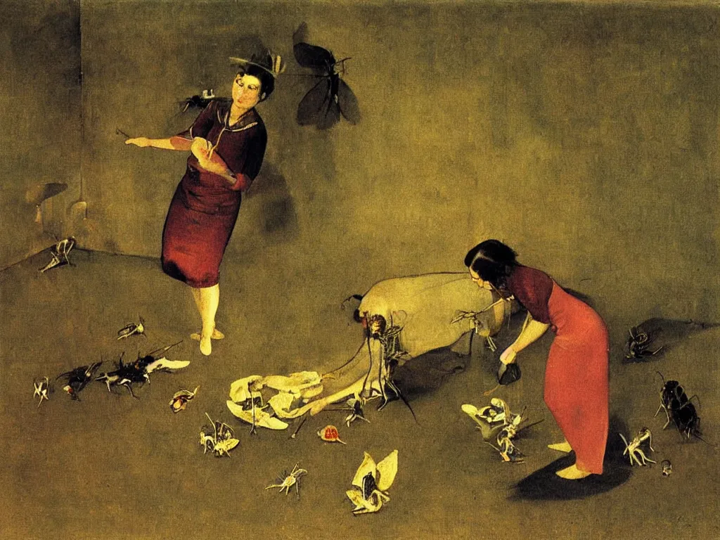 Prompt: Woman collecting strange species of insects for her collection at night. Painting by Balthus