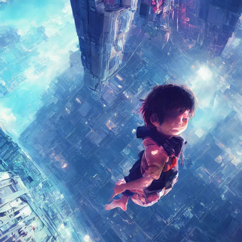 Prompt: An ultra-high resolution photograph of a kid in an elevator mid air, sci-fi, fututistic, by Yoshitaka Amano and Alena Aenami, Trending on Artstation, nvidia, matte painting, unreal enginqe