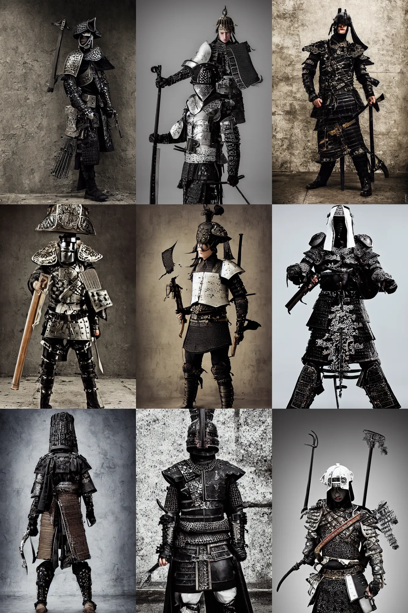 Prompt: fashion model with white ancestral ornate medieval tactical gear, black leather samurai garment, long shot, dark abandoned city streets, by irving penn and storm thorgerson, ren heng, peter elson,