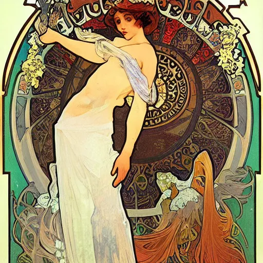 Image similar to artwork by Alphonse Mucha