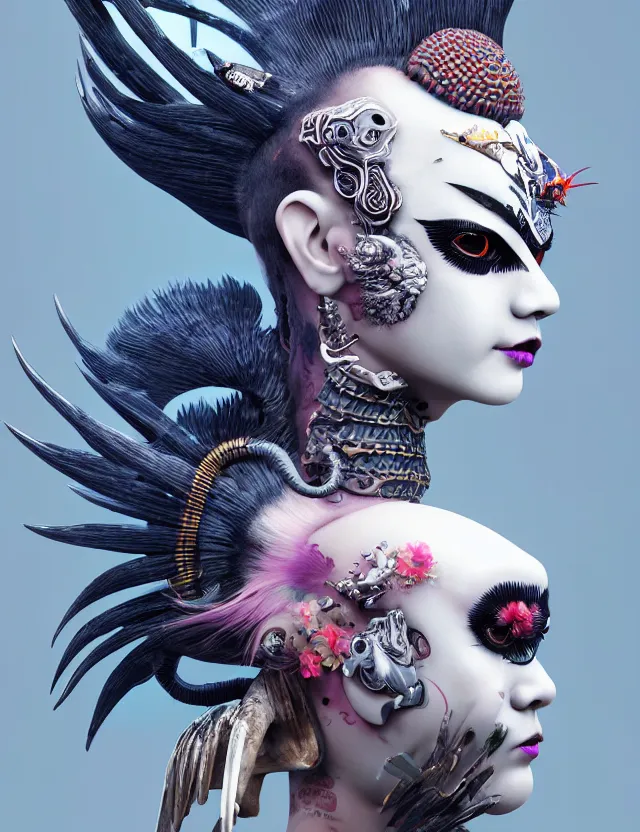 Image similar to 3 d goddess close - up profile portrait punk with mohawk with ram skull. beautiful intricately detailed japanese crow kitsune mask and clasical japanese kimono. betta fish, jellyfish phoenix, bio luminescent, plasma, ice, water, wind, creature, artwork by tooth wu and wlop and beeple and greg rutkowski