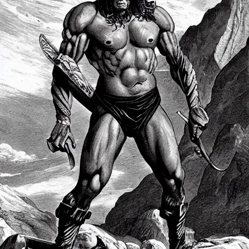 Prompt: muscular human barbarian on mars, standing on boulder, sword and sorcery, science fiction pulp illustration
