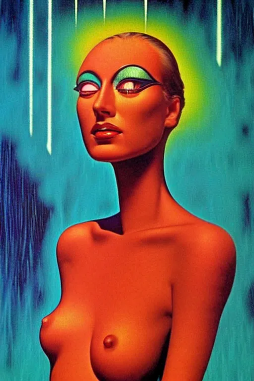 Image similar to 8 0 s art deco close up portait of miss of the world, rain like a dream oil painting curvalinear clothing cinematic dramatic cyberpunk textural fluid lines otherworldly vaporwave interesting details fantasy lut epic composition by basquiat zdzisław beksinski james jean artgerm rutkowski moebius francis bacon gustav klimt