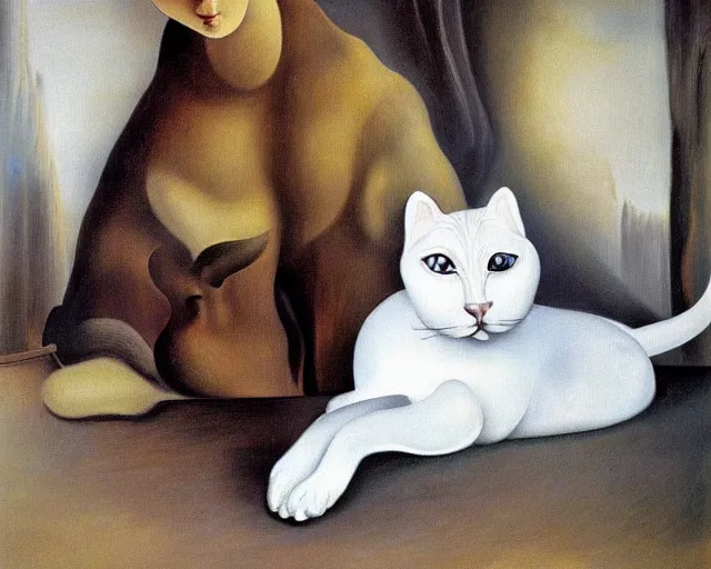 Prompt: painting of a white cat and human female by salvador dali