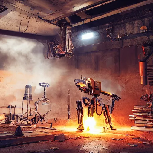 Image similar to cutlery mecha, dark messy smoke - filled cluttered workshop, dark, dramatic lighting, orange tint, cinematic, highly detailed, sci - fi, futuristic, movie still