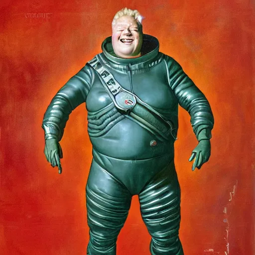 Image similar to upper body portrait of eric scott esch as baron harkonnen from the movie dune wearing a leather spacesuit finding something highly amusing, painted by norman rockwell and tom lovell and frank schoonover