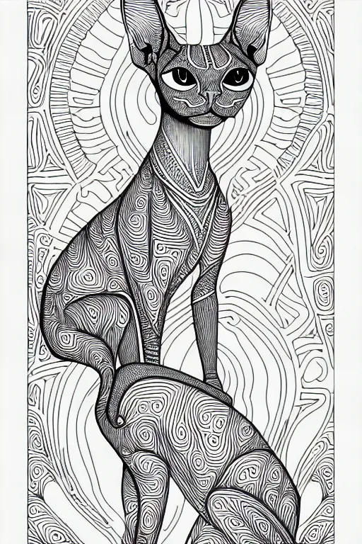 Image similar to sphynx cat egypt cat statue ornate luxury fractal ink drawing line art colouring page, vector, margins, fine lines, centered