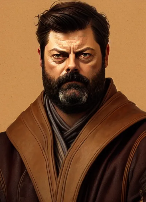 Image similar to portrait of nick offerman, long beard, intricate, leather robes! elegant, muscular! highly detailed, digital painting, artstation, concept art, smooth, sharp focus, illustration, art by artgerm and greg rutkowski and alphonse mucha