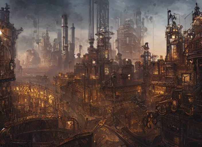 Image similar to highly detailed image of a steampunk city, industrial revolution, trending on artstation, concept art