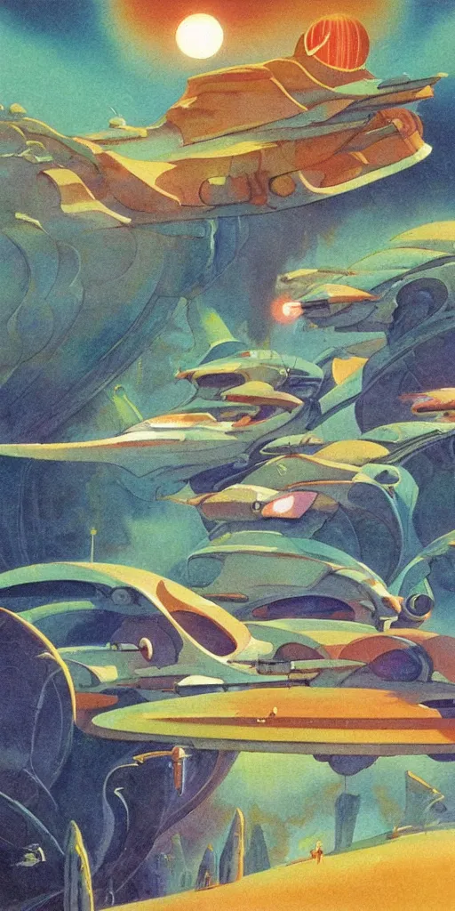 Image similar to a relaxing cinematic water colour of a solarpunk spaceship by roger dean in the style of art - deco art, very, very aesthetic