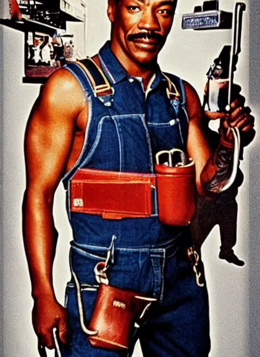 Image similar to an 8 0's john alvin action movie poster starring eddie murphy face as a plumber to rich people. bathroom. overalls. tool belt. the movie is called beverly hills crap