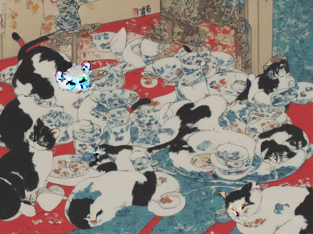 Prompt: cat breaking the china. Painting by Tsuguharu Fujita
