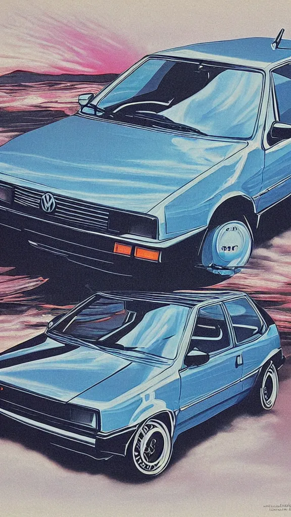 Image similar to 1 9 8 0 s airbrush surrealism illustration of a vw golf