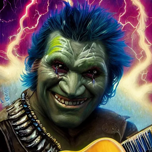 Image similar to detailed photo of a Half-orc bard portrayed by Gary Busey playing a lute, 8k,by Tristan Eaton, Stanley Artgermm, Tom Bagshaw, Greg Rutkowski, Carne Griffiths, trending on DeviantArt, face enhance, hyper detailed ,full of color, dramatic lightning, epic stance