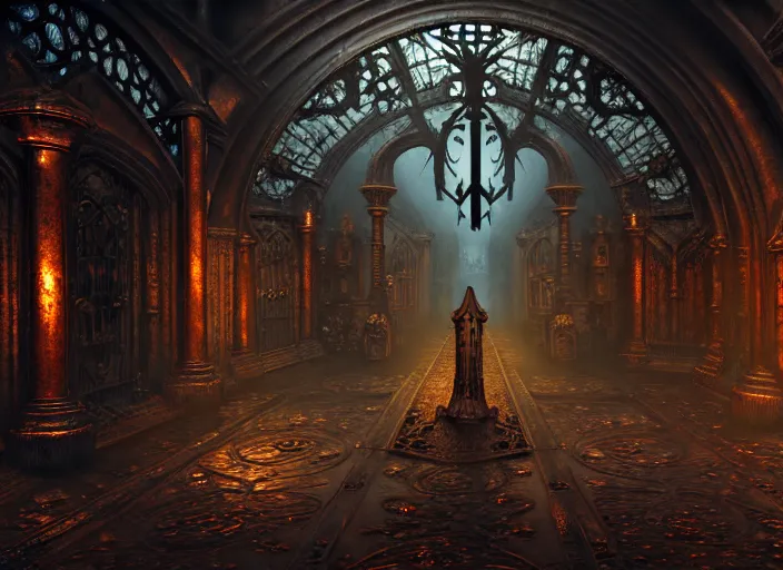 Image similar to steam necropolis, memento mori, gothic, neo - gothic, art nouveau, hyperdetailed copper patina medieval icon, stefan morrell, philippe druillet, ralph mcquarrie, concept art, steampunk, unreal engine, detailed intricate environment, octane render, moody atmospherics, volumetric lighting, ultrasharp, ominous, otherworldly