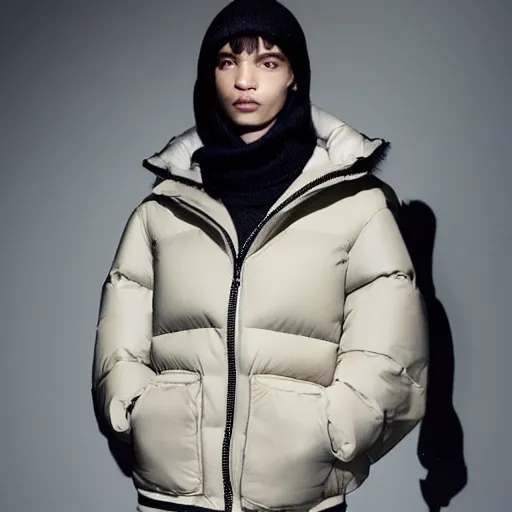 Image similar to realistic photoshooting for a new balenciaga lookbook color film photography of a beautiful woman model, model wears a puffer jacket, photo in style of tyler mitchell, ssense