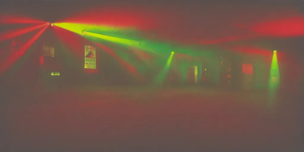 Image similar to polaroid photo of an empty dancehall, bright colourful strobelights, smoke coming from the floor, lens flare