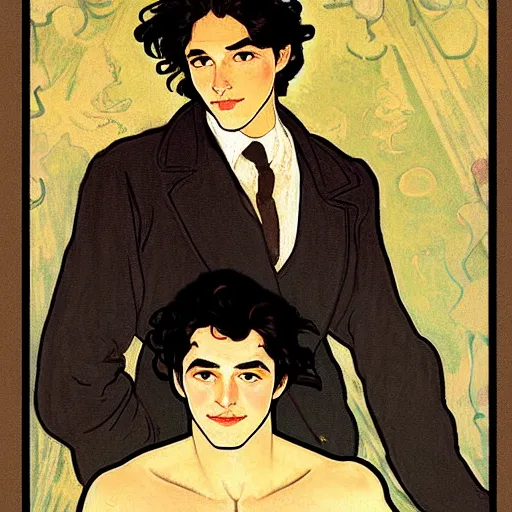 Image similar to painting of young cute handsome beautiful dark medium wavy hair man in his 2 0 s named shadow taehyung and cute handsome beautiful min - jun together at the halloween! party, bubbling cauldron!, candles!, smoke, autumn! colors, elegant, wearing suits!, delicate facial features, art by alphonse mucha, vincent van gogh, egon schiele