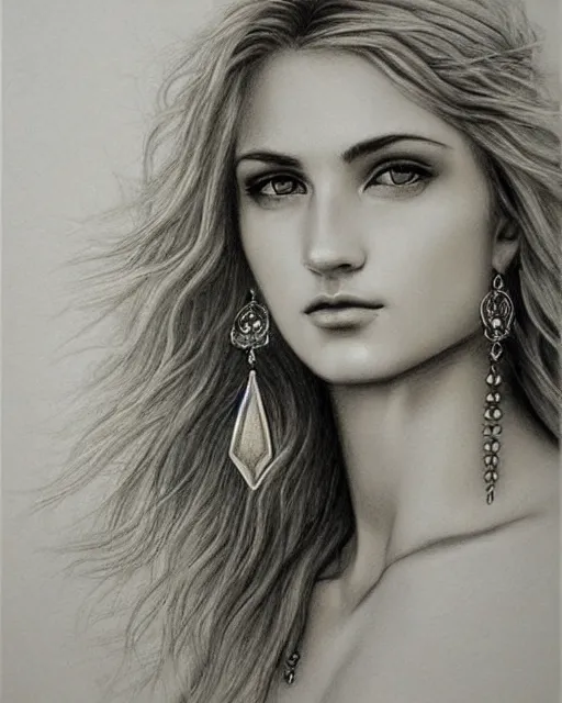 Image similar to pencil drawing of a beautiful greek goddess aphrodite with arrowhead earrings, beautiful piercing eyes, beautiful blonde hair, hyper realistic face, in the style of greg rutkowski, fantasy, amazing detail, epic, elegant, smooth, sharp focus, from the front