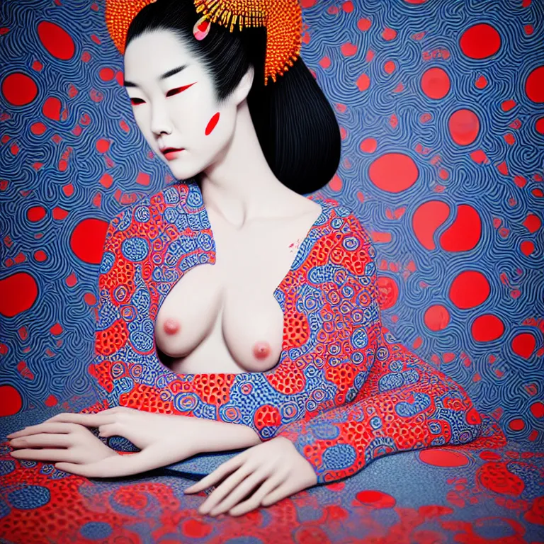 Image similar to hyperrealistic detailed image of a geisha laying in a art installation room, hd smooth interior by yayoi kusama, part by kei mieno, part by ross tran, dark art by james jean, ultra realistic, highly detailed, life like face, detailed body, 8 k, 3 d render by roger magrini, very cohesive, masterpiece