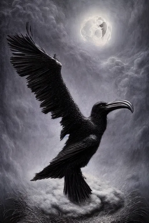 Image similar to Intricate stunning highly detailed surreal ravens by agostino arrivabene and Seb McKinnon, sculpture, ultra realistic, Horror vacui, full moon, thick swirling smoke tornado, fire embers, trending on artstation
