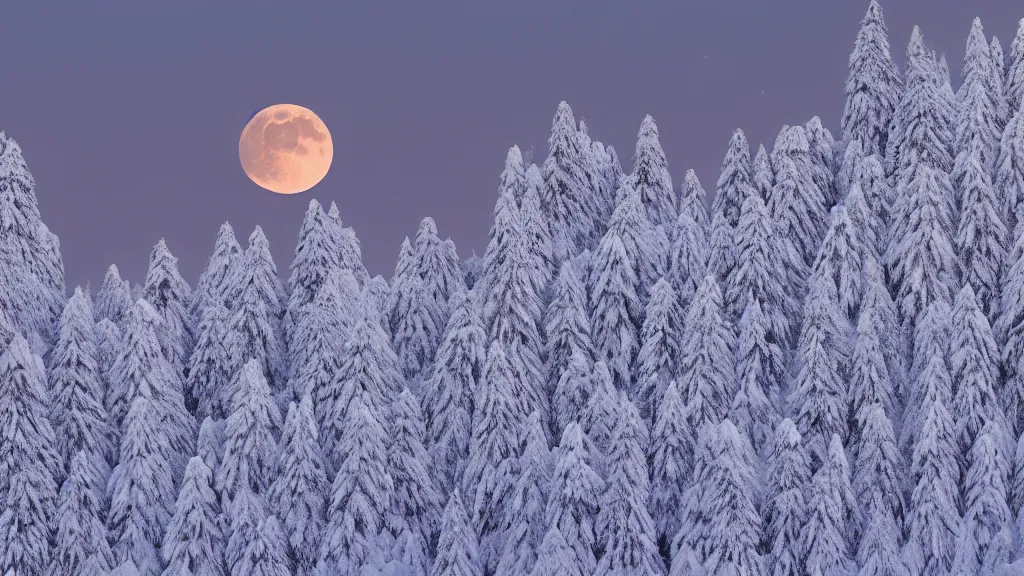 Prompt: Pine tress full of snow, lit by a full moon