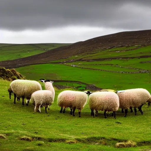 Prompt: multicolored sheep in irish landscape