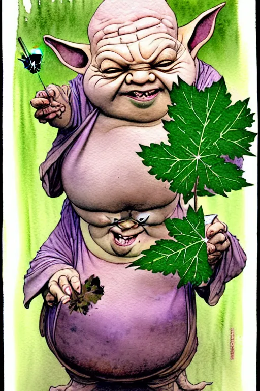 Image similar to a realistic and atmospheric watercolour fantasy character concept art portrait of a fat yoda with pink eyes giggling and holding a blunt with a pot leaf nearby, by rebecca guay, michael kaluta, charles vess and jean moebius giraud