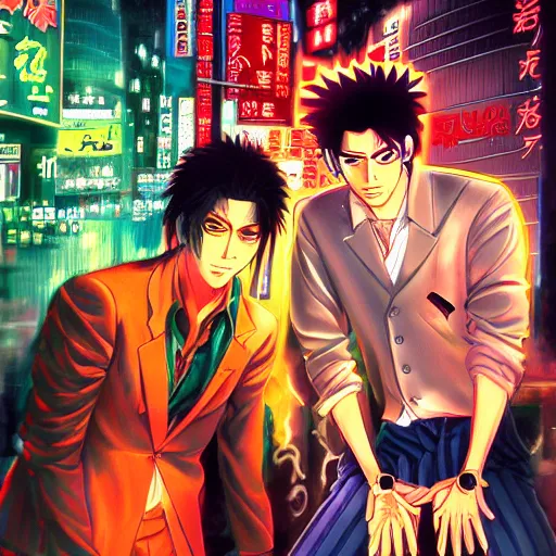 Prompt: beautiful amazing anime portrait painting of kiryu kazuma and goro majima in tokyo. neon lights. by hayao miyazaki, katsuhiro otomo, akira toriyama, satoshi kon, eiichiro oda, hideaki anno