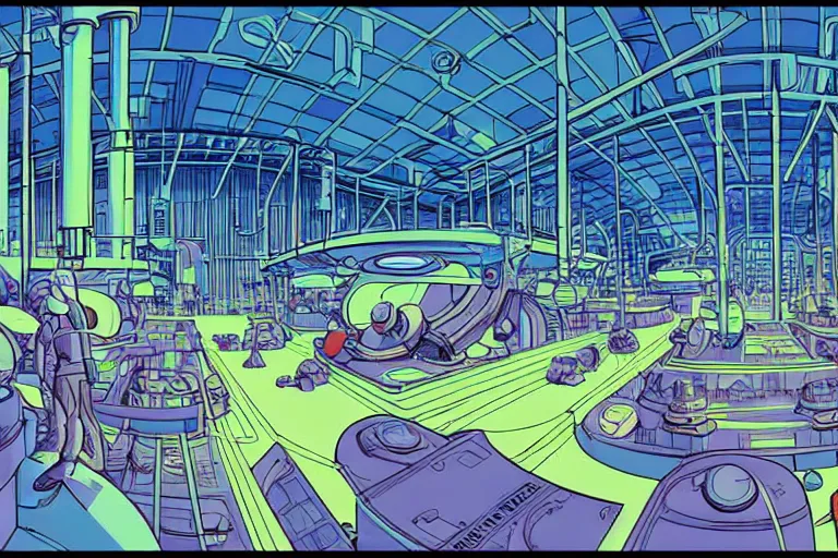 Image similar to a scifi illustration, factory interior. top down fisheye view. vats of fluid. and many workers. flat colors, limited palette in FANTASTIC PLANET La planète sauvage animation by René Laloux