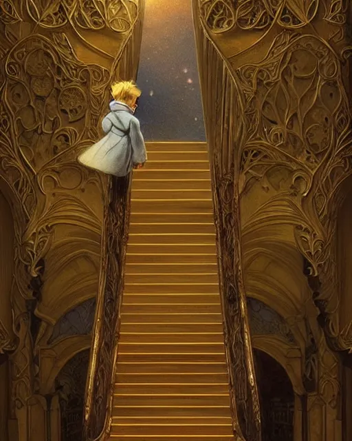 Prompt: the little prince on staircase at livraria lello, real life skin, intricate, highly detailed, artstation, concept art, smooth, sharp focus, art by artgerm and greg rutkowski