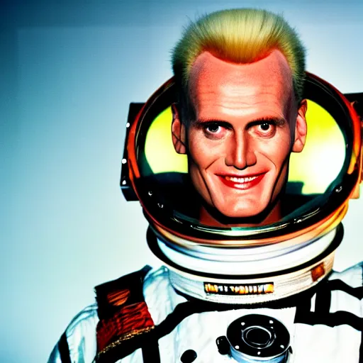 Prompt: uhd candid photo of max headroom wearing a spacesuit, glowing, global illumination, studio lighting, radiant light, detailed, correct face, elaborate intricate costume. photo by annie leibowitz