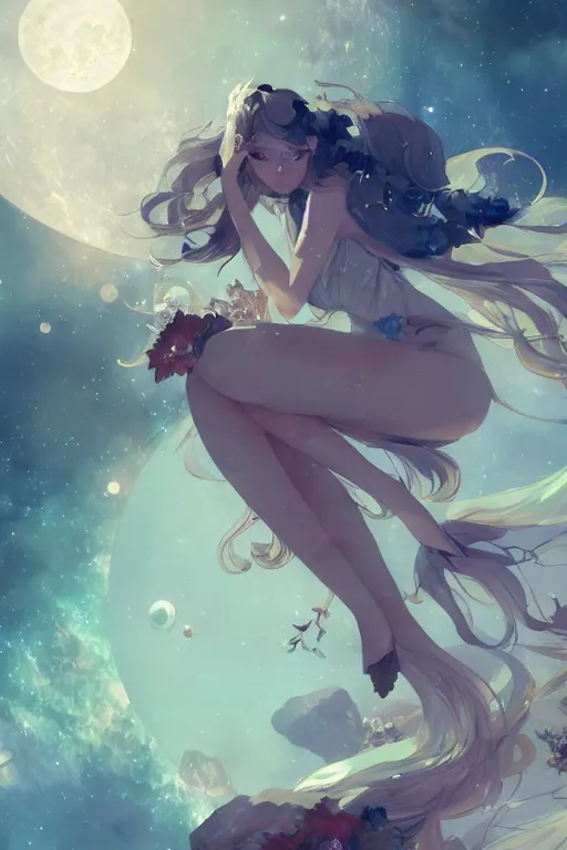 Prompt: A beautiful whimsical woman basking in the moonlight on a bed of crystals below planets, cinematic lighting, dramatic atmosphere, by Dustin Nguyen, Akihiko Yoshida, Greg Tocchini, Greg Rutkowski, Cliff Chiang, 4k resolution, trending on artstation