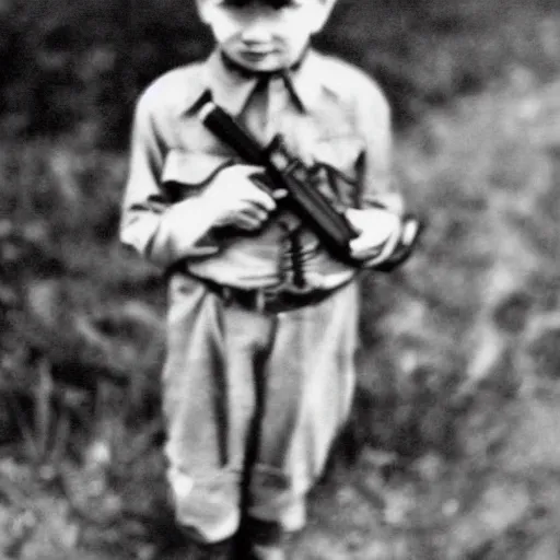 Image similar to blacka nd white old photograph of a farm boy holding a gun pointing at adolf hitler realism, 4 k, award winning photograph