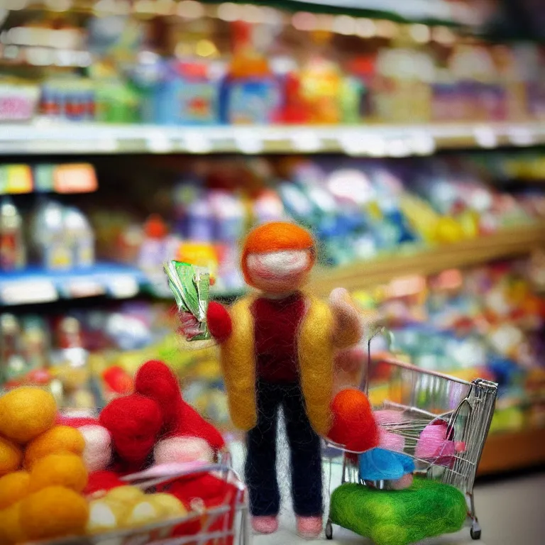 Image similar to needle felted person paying for the supermarket, highly detailed, tilt shift, cute, hyperrealism, highly textured, god rays