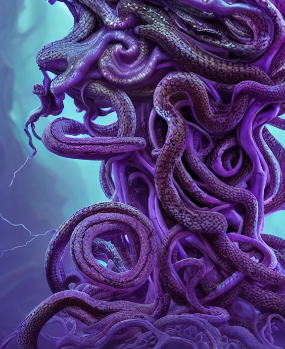 Image similar to beautiful medusa head highly detailed snakes, cosmic horror, abstract, ghostly, arcade, duotone, poltergeist, epic lighting, intricate, elegant, highly detailed, smooth, sharp focus, photo real, ultra realistic, unreal engine 5, raytracing, in the style of beeple and mike winkelmann, ultraviolet colors