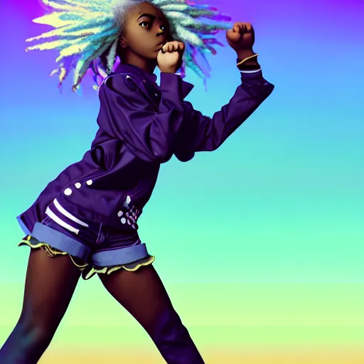 Prompt: portrait of black anime manga girl, throwing punch pose towards camera, french bob hair, white hair, wearing camo, by gustave dore, vaporwave colors, lofi colors, vaporwave, lofi, goth vibe, 4 k, smooth, hd, substance designer render, full body character concept art, 2 point lighting,