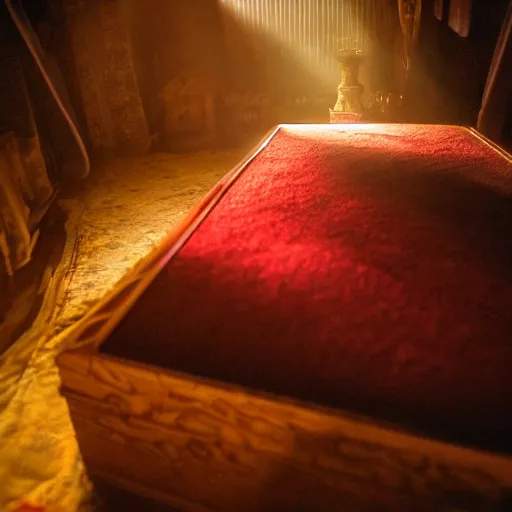 Image similar to a room with a open coffin in the middle of the room, flooded with red wine. shaft of light shines down from above