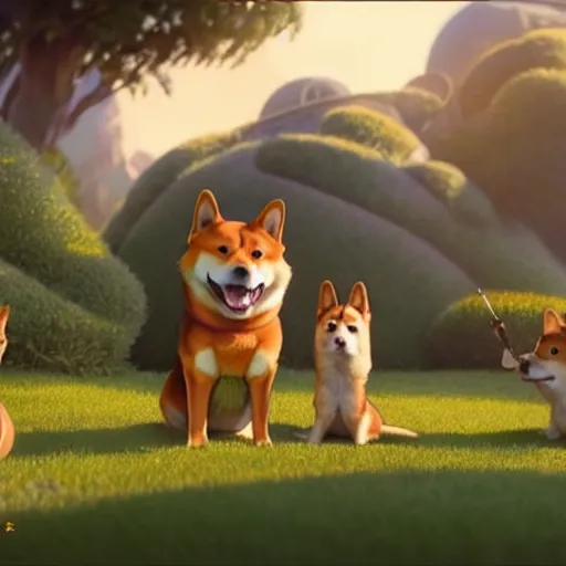 Image similar to weta disney pixar movie still photo of funny shiba inu giant sign that says bonk : : by weta, greg rutkowski, wlop, ilya kuvshinov, rossdraws, artgerm, octane render, iridescent, bright morning, anime, liosh, mucha : :