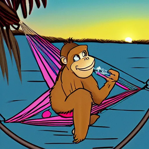 Prompt: a monkey laying a hammock smoking a joint, sunset, cartoon style,
