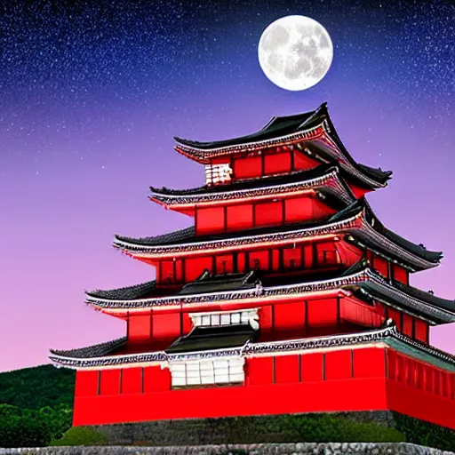 Prompt: beautiful japanese castle in the color red, dark sky with full moon, hyper detailed, highly detailed, photo realistic