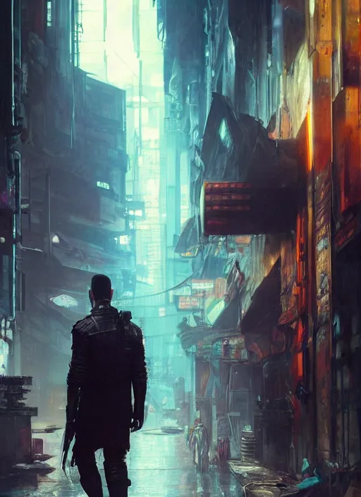 Image similar to cyberpunk version of the punisher walking into a cyberpunk nightclub (blade runner 2049, cyberpunk 2077). Orientalist portrait by john william waterhouse and James Gurney and Theodore Ralli and Nasreddine Dinet, oil on canvas. Cinematic, hyper realism, realistic proportions, dramatic lighting, high detail 4k