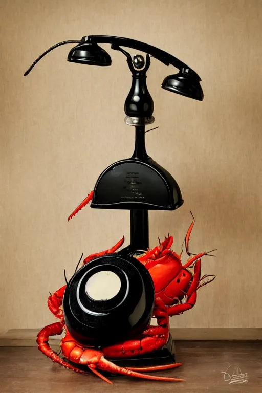 Image similar to commercial product photography advertisement for Salvador Dali’s Lobster Telephone, a black Rotary telephone with a painted plaster lobster for a handle, Rear lighting, commercial studio lighting