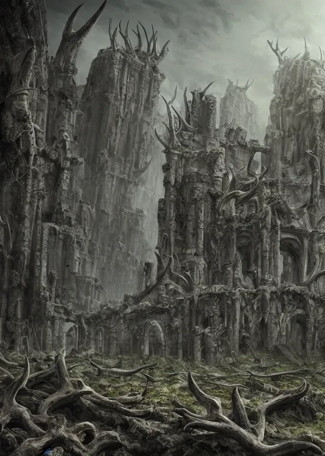 Prompt: a highly detailed matte painting of ancient ruins and a nightmare landscape of antlers and horns and thorns and bare roots all made of stone, ominous, foreboding, evil, hd, concept art, artstation, deviantart