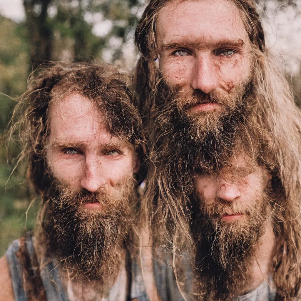 Image similar to extremely skinny malnourished redneck white male with long beard, wearing dirty overalls, dirty greasy face, grin, portrait, close up, kodak gold 2 0 0, 5 0 mm,