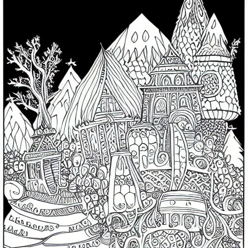 Image similar to an adult coloring book page of a fantasy village