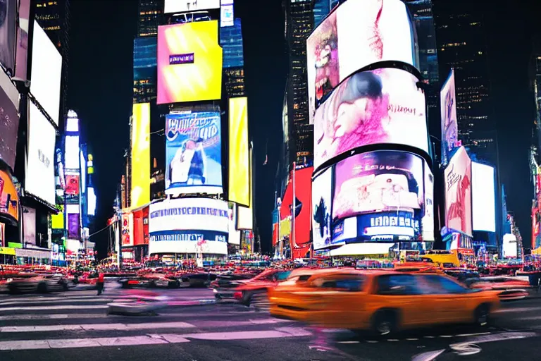 Image similar to a detailed photograph depicting times square at night. a giant digital billboard shows a heroic portrait of a proud blonde woman in her 6 0's. sci fi, neon lighting, futuristic.