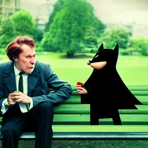 Prompt: batman and alf smoking a cigarette sitting on a green park bench, ultra realistic photo, 8 k resolution, movie escene, 3 5 mm, lens real depth