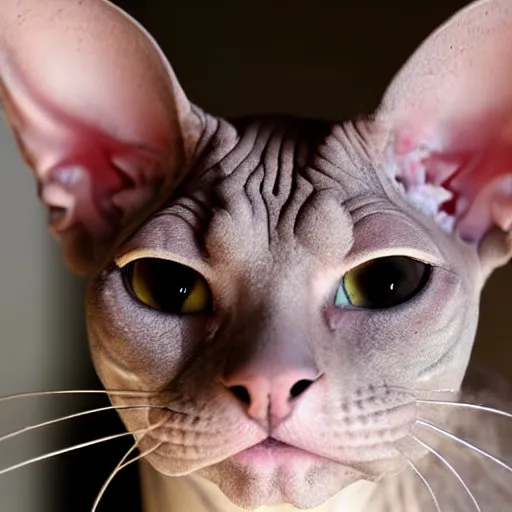 Image similar to close-up of Egyptian sphynx cat looking at camera, fisheye effect