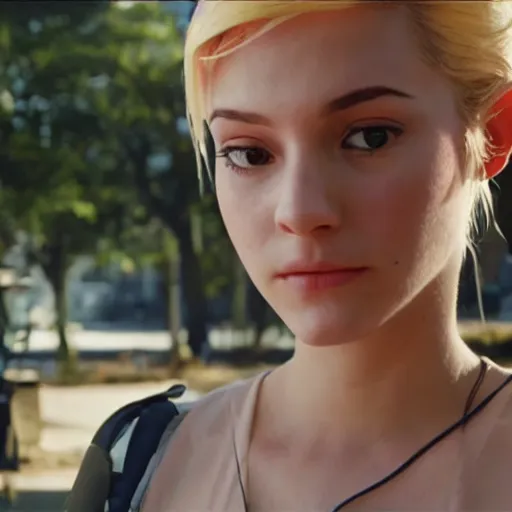 Image similar to film still of a beautiful young woman who looks like a mercy from overwatch in a movie by michel gondry, random background scene
